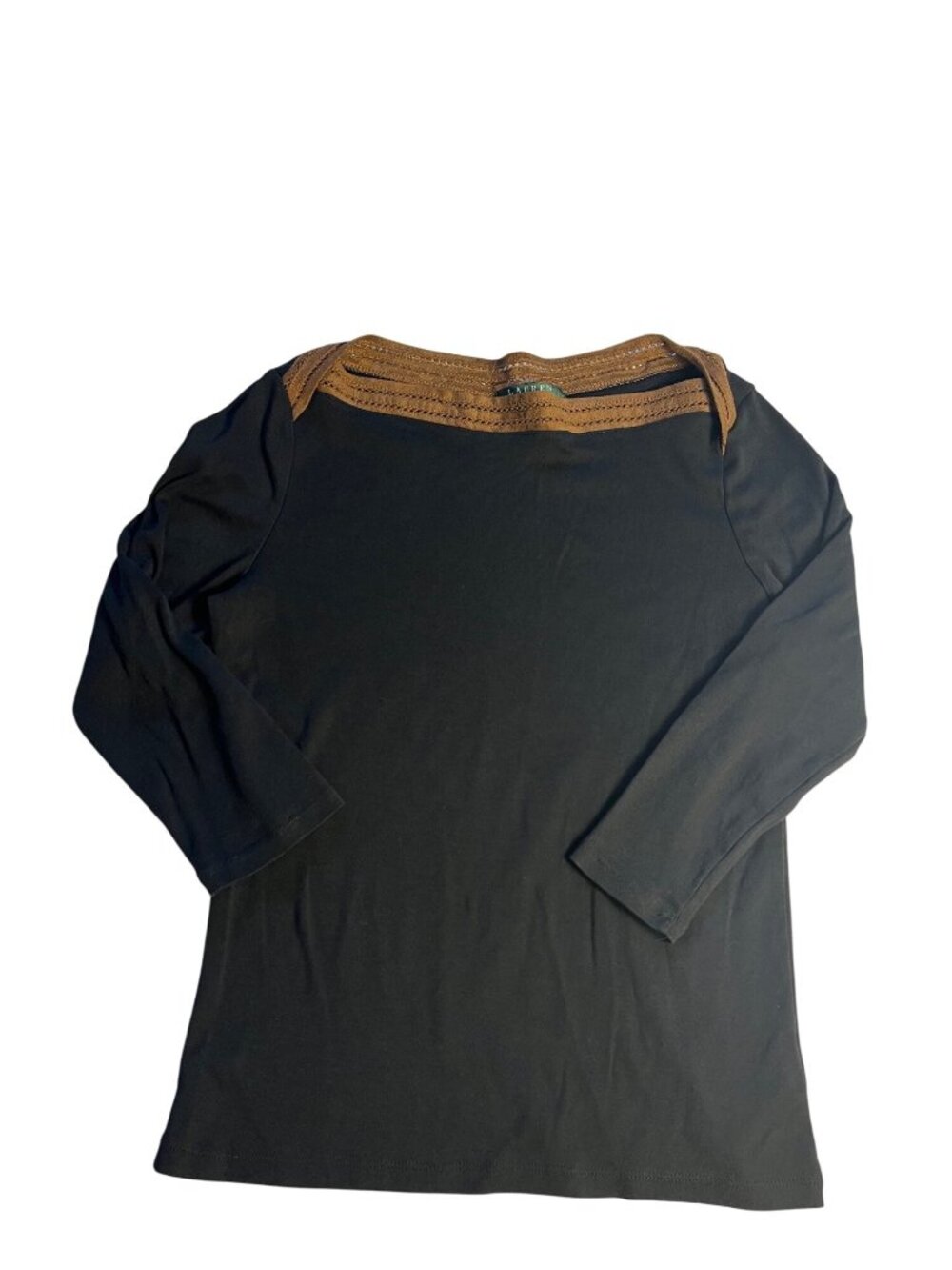 Lauren Ralph Lauren L Black Square Boat Neck 3/4 Sleeve Brown Faux-Suede Trim